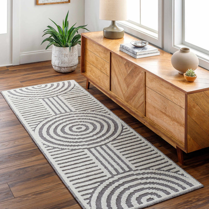 Modern Geometrical Arc Texture Ivory and Purple Washable Area Rug - The Rug Decor