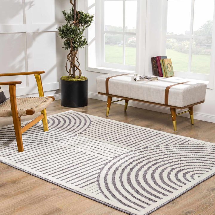 Modern Geometrical Arc Texture Ivory and Purple Washable Area Rug - The Rug Decor