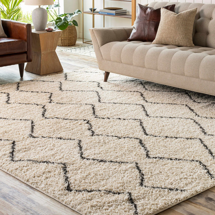 Modern Geometrical Beige and Black Chevron Design Moroccan Style Plush pile Rug - The Rug Decor