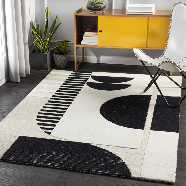 Modern Geometrical Beige and Black Hand Tufted Multi Size Wool Area Rug - The Rug Decor