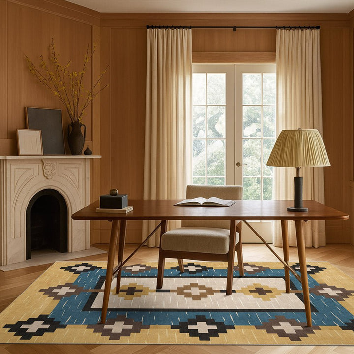 Modern Geometrical Beige And Blue Machine Washable Cotton Area Rug - The Rug Decor