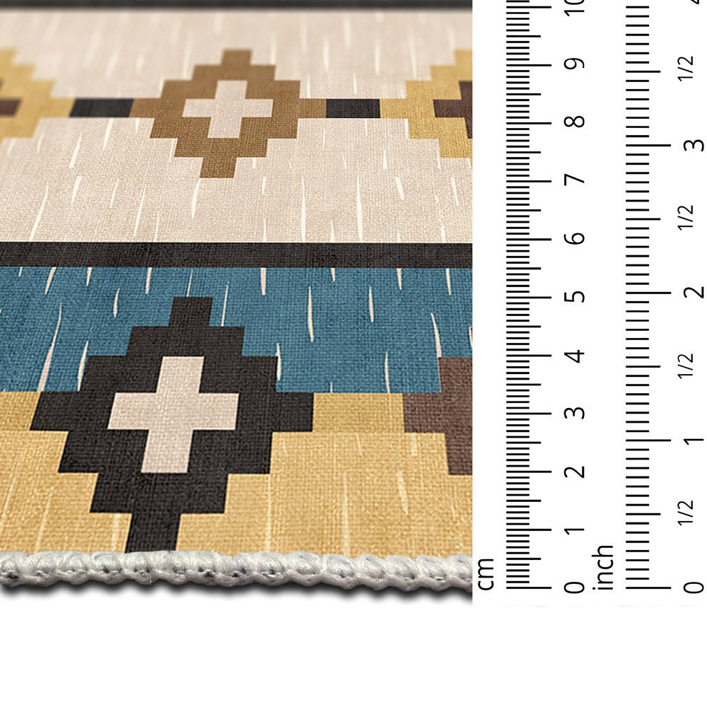 Modern Geometrical Beige And Blue Machine Washable Cotton Area Rug - The Rug Decor