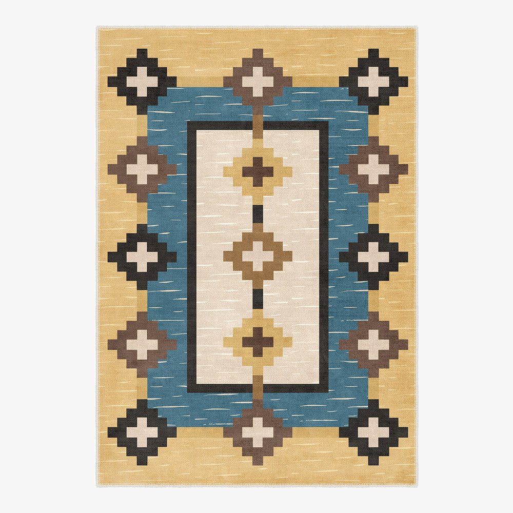 Modern Geometrical Beige And Blue Machine Washable Cotton Area Rug - The Rug Decor