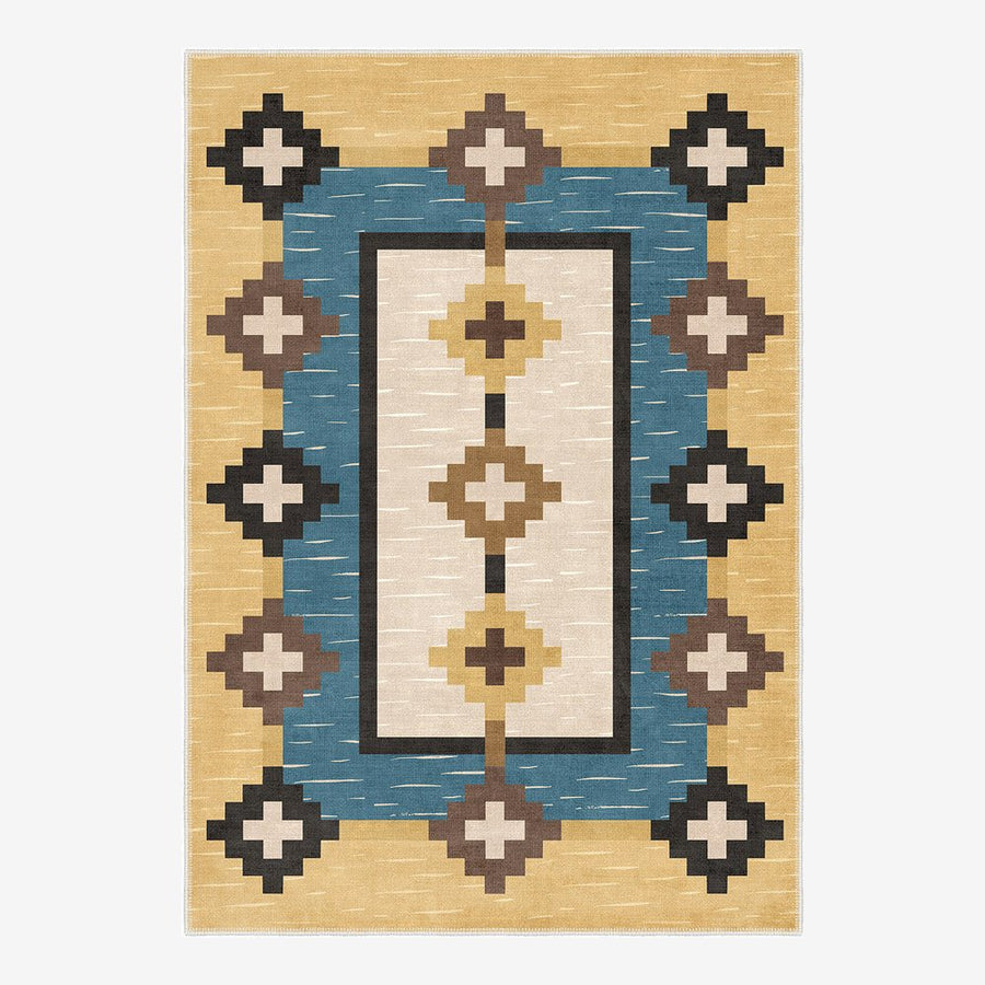 Modern Geometrical Beige And Blue Machine Washable Cotton Area Rug - The Rug Decor