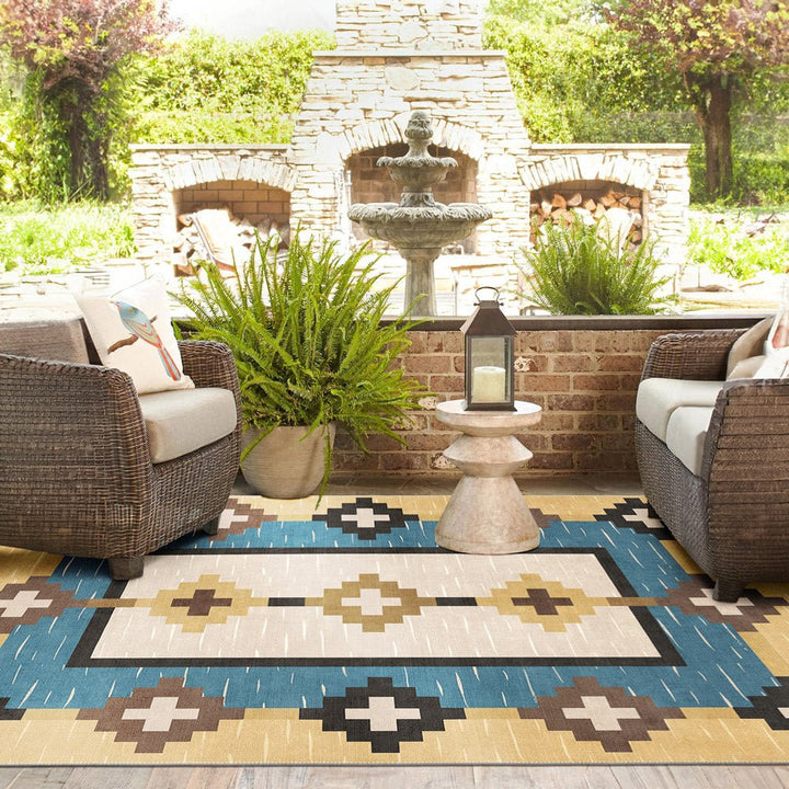 Modern Geometrical Beige And Blue Machine Washable Cotton Area Rug - The Rug Decor