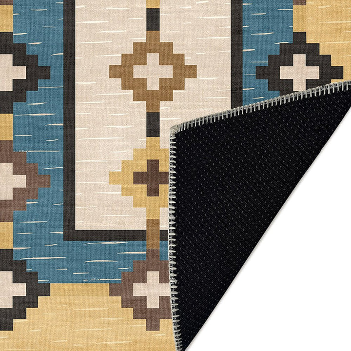 Modern Geometrical Beige And Blue Machine Washable Cotton Area Rug - The Rug Decor