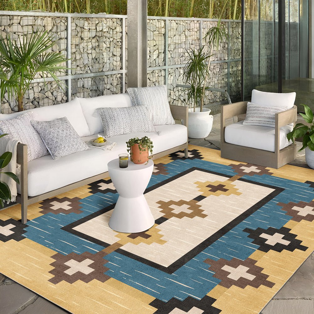 Modern Geometrical Beige And Blue Machine Washable Cotton Area Rug - The Rug Decor