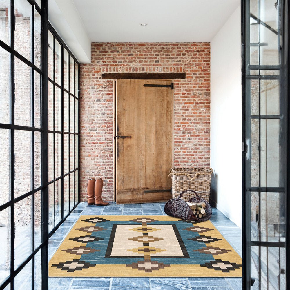 Modern Geometrical Beige And Blue Machine Washable Cotton Area Rug - The Rug Decor