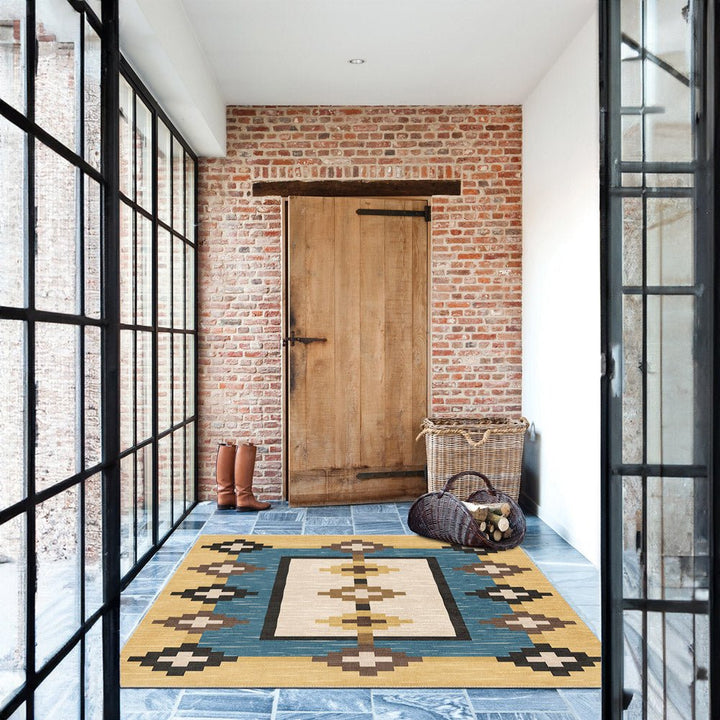 Modern Geometrical Beige And Blue Machine Washable Cotton Area Rug - The Rug Decor