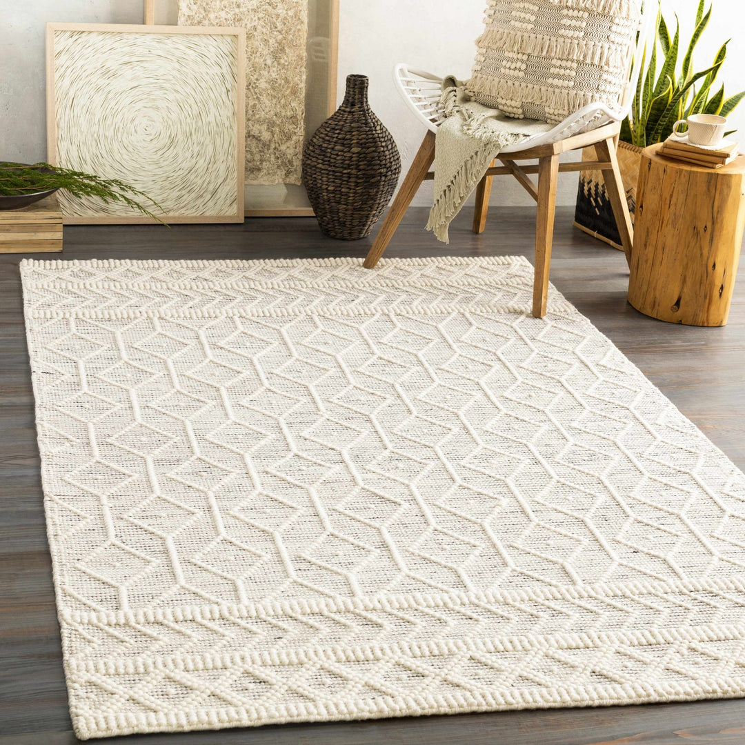 Modern Geometrical Beige Hand woven Tasseled Texture Wool Area Rug - The Rug Decor