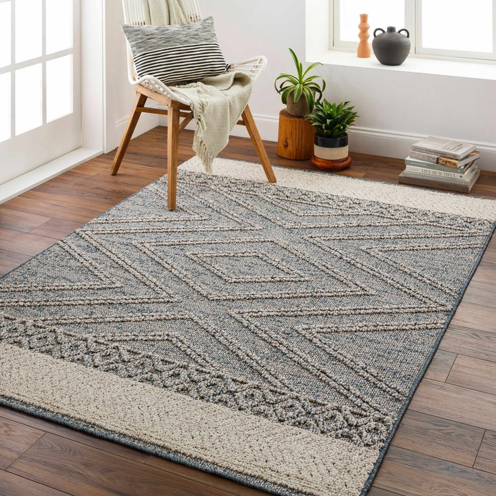 Modern Geometrical Blue and Ivory Chevron Design Outdoor safe Area Rug - The Rug Decor
