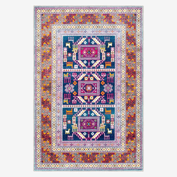 Modern Geometrical Blue And Rust Machine Washable Rug - The Rug Decor