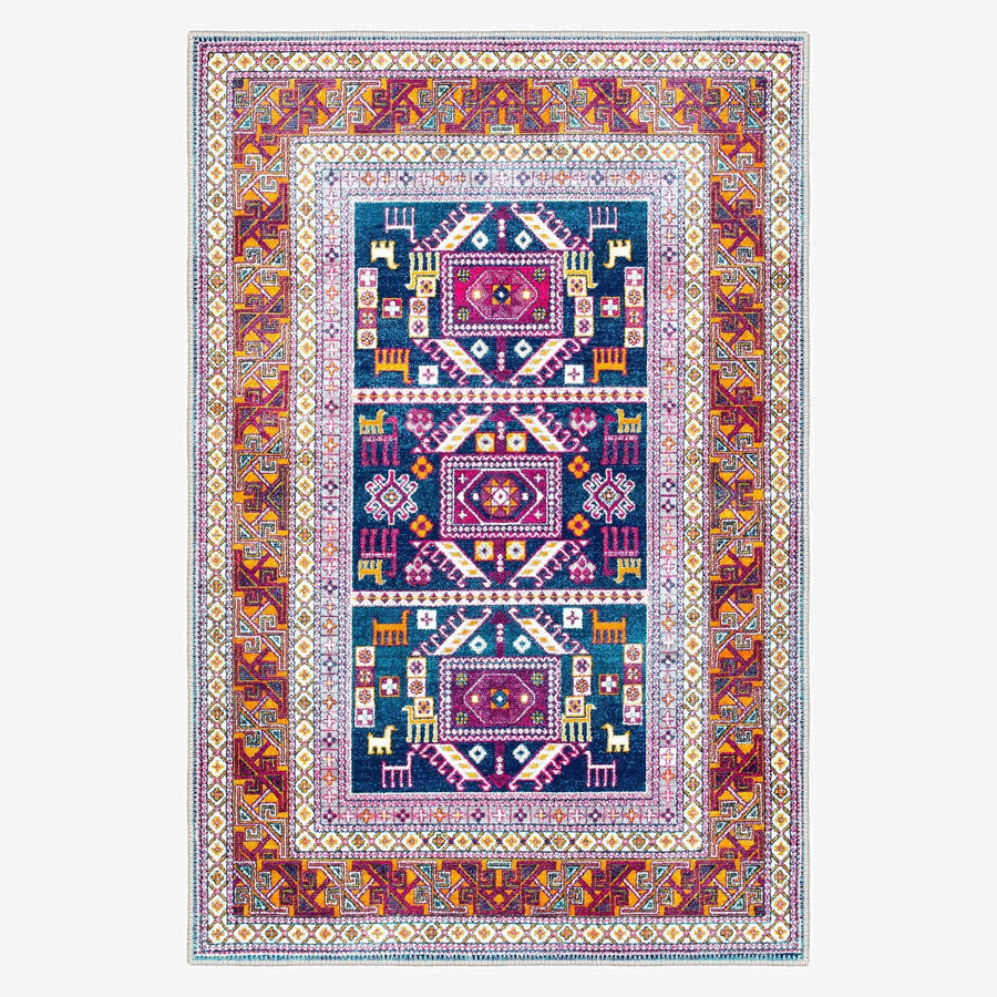 Modern Geometrical Blue And Rust Machine Washable Rug - The Rug Decor