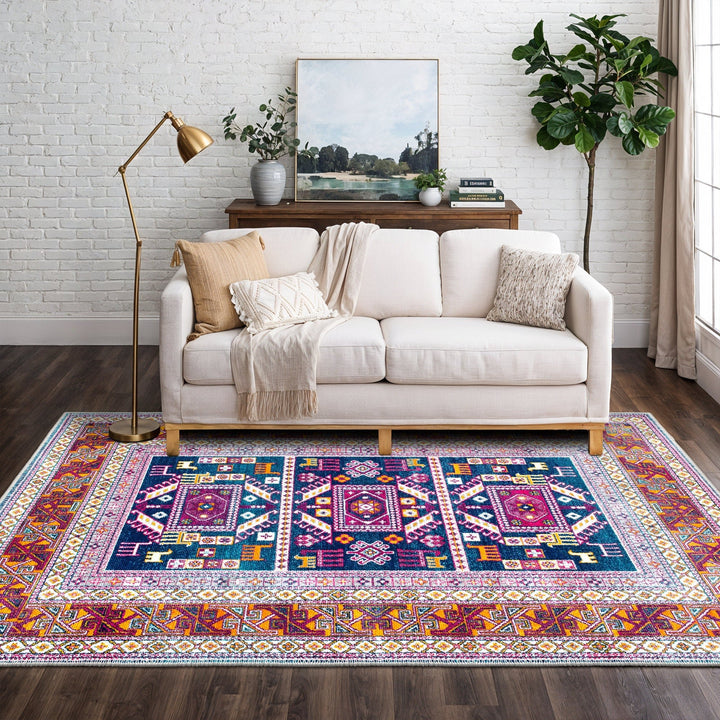 Modern Geometrical Blue And Rust Machine Washable Rug - The Rug Decor