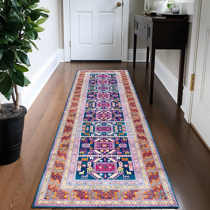 Modern Geometrical Blue And Rust Machine Washable Rug - The Rug Decor