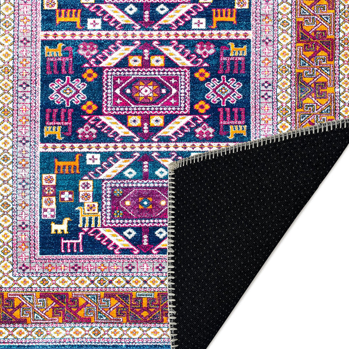 Modern Geometrical Blue And Rust Machine Washable Rug - The Rug Decor