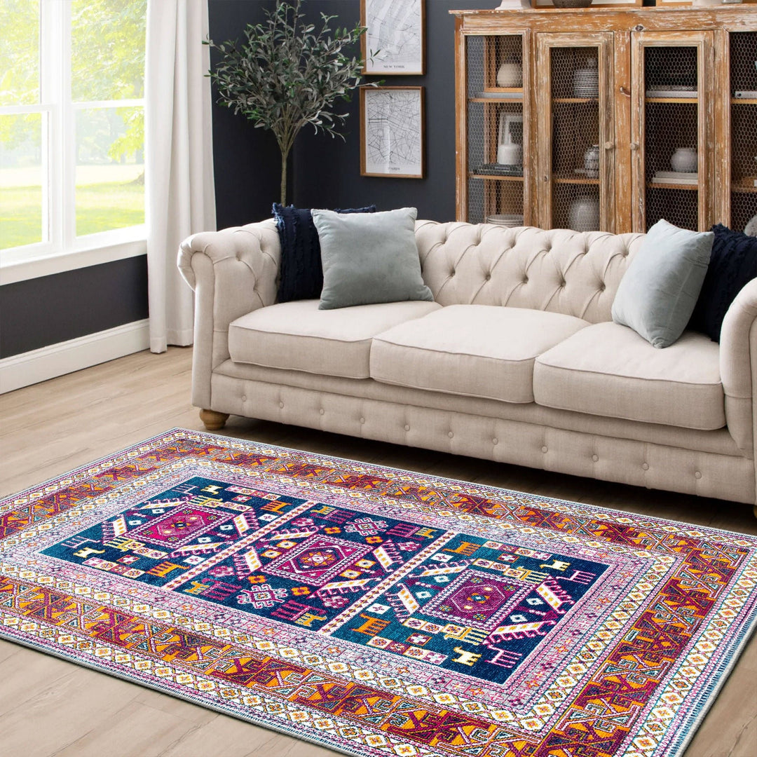 Modern Geometrical Blue And Rust Machine Washable Rug - The Rug Decor