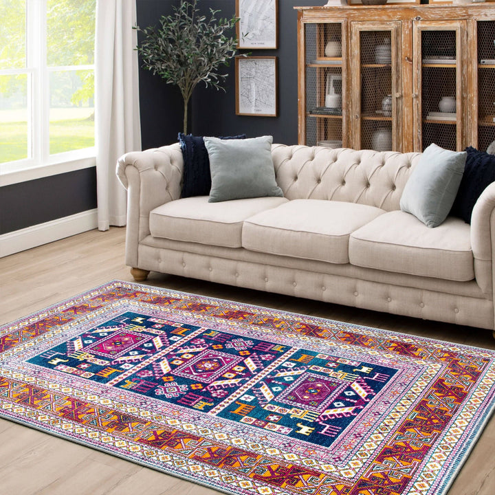 Modern Geometrical Blue And Rust Machine Washable Rug - The Rug Decor