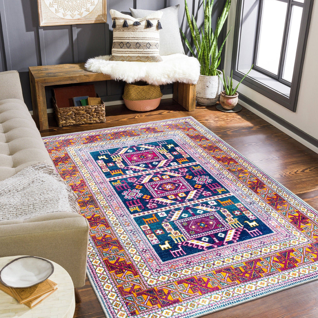 Modern Geometrical Blue And Rust Machine Washable Rug - The Rug Decor