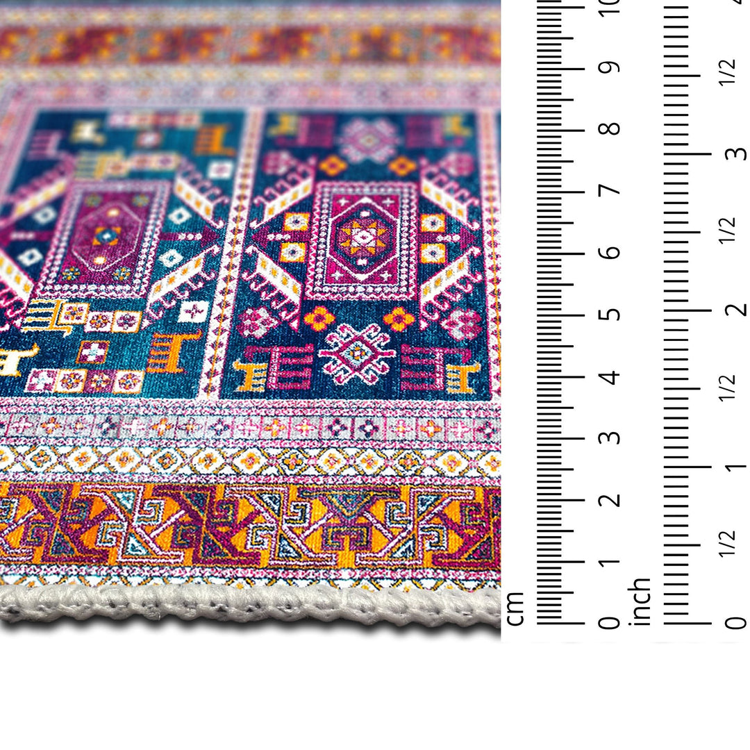 Modern Geometrical Blue And Rust Machine Washable Rug - The Rug Decor