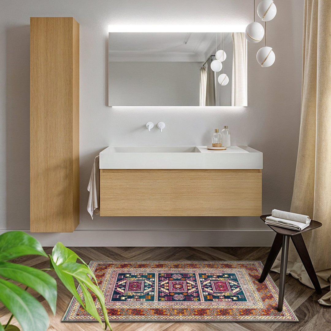 Modern Geometrical Blue And Rust Machine Washable Rug - The Rug Decor