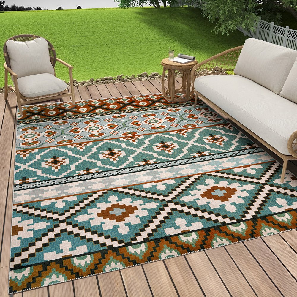 Modern Geometrical Blue Machine Washable Cotton Area Rug - The Rug Decor