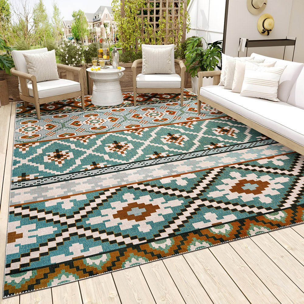 Modern Geometrical Blue Machine Washable Cotton Area Rug - The Rug Decor