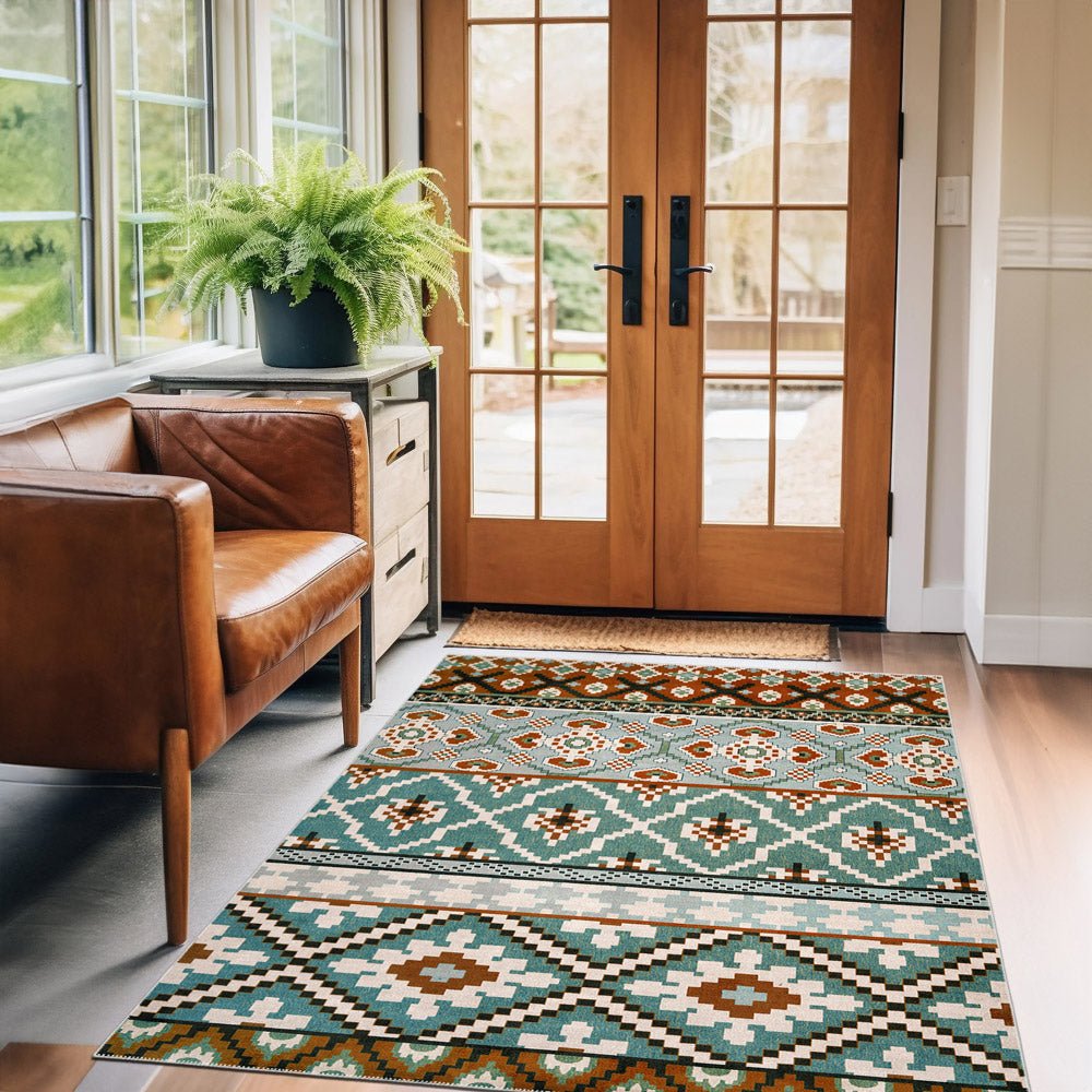 Modern Geometrical Blue Machine Washable Cotton Area Rug - The Rug Decor