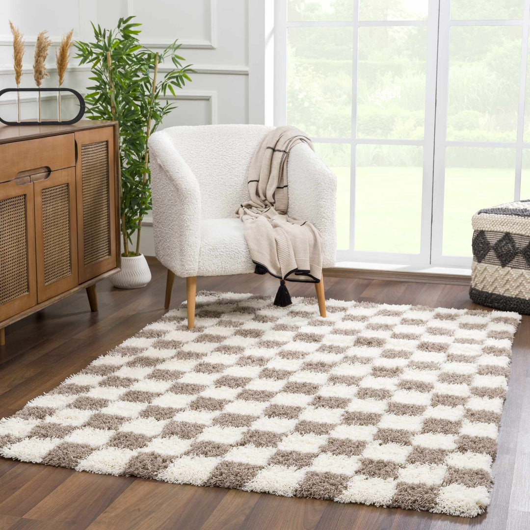 Modern Geometrical Brown and Ivory Checker Board Plush Pile Moroccan Style Area Rug - The Rug Decor