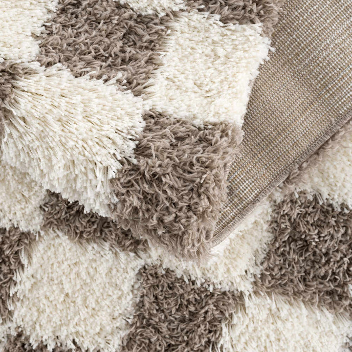 Modern Geometrical Brown and Ivory Checker Board Plush Pile Moroccan Style Area Rug - The Rug Decor