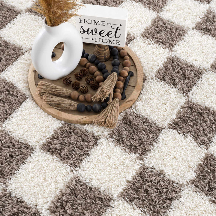 Modern Geometrical Brown and Ivory Checker Board Plush Pile Moroccan Style Area Rug - The Rug Decor