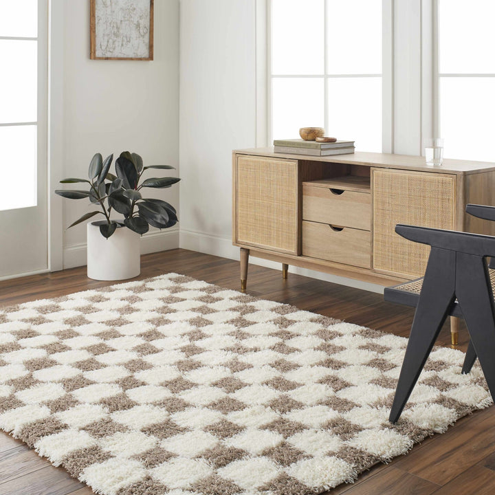 Modern Geometrical Brown and Ivory Checker Board Plush Pile Moroccan Style Area Rug - The Rug Decor