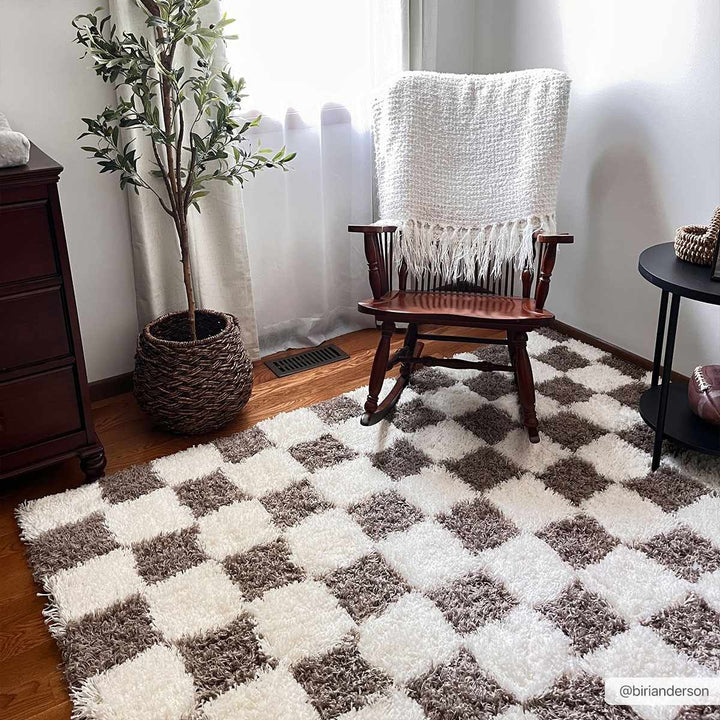 Modern Geometrical Brown and Ivory Checker Board Plush Pile Moroccan Style Area Rug - The Rug Decor