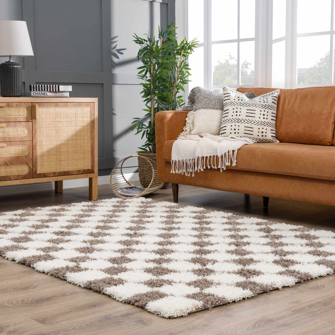 Modern Geometrical Brown and Ivory Checker Board Plush Pile Moroccan Style Area Rug - The Rug Decor