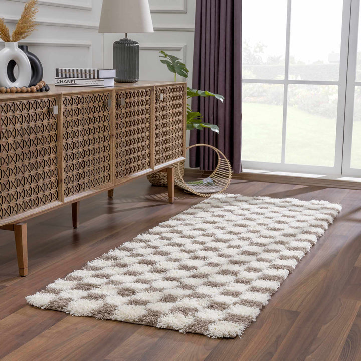 Modern Geometrical Brown and Ivory Checker Board Plush Pile Moroccan Style Area Rug - The Rug Decor