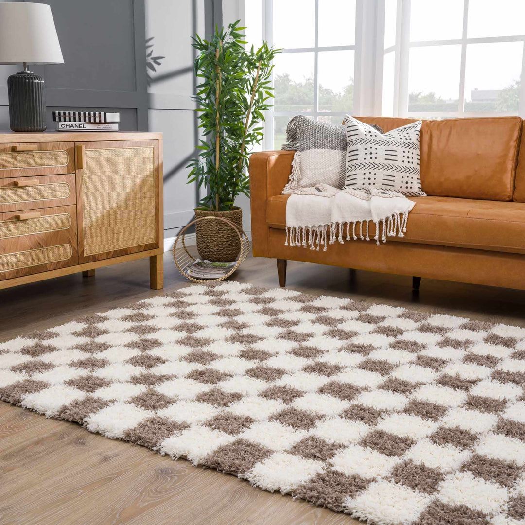 Modern Geometrical Brown and Ivory Checker Board Plush Pile Moroccan Style Area Rug - The Rug Decor