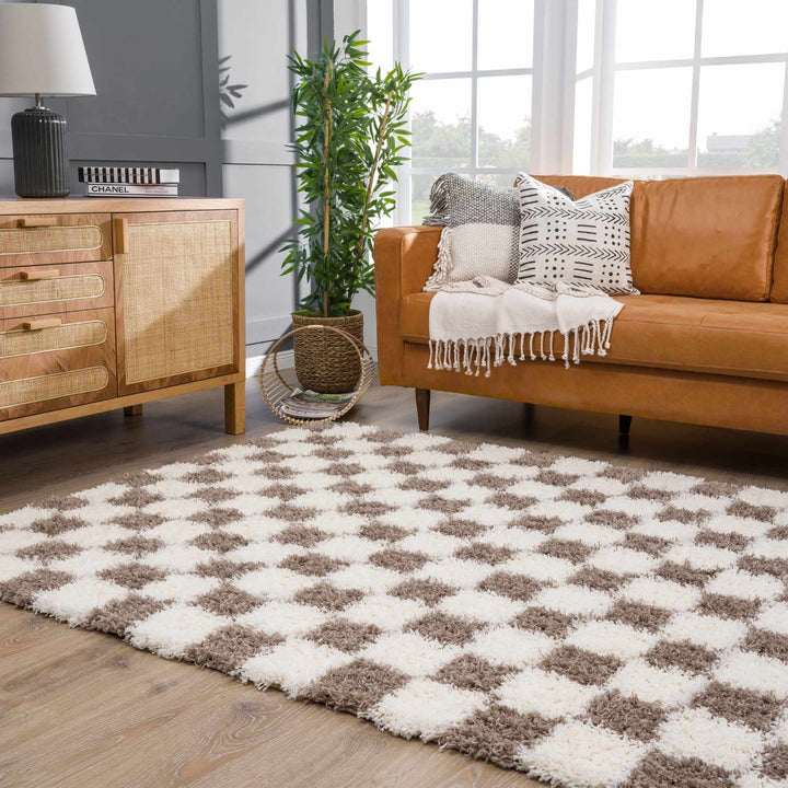 Modern Geometrical Brown and Ivory Checker Board Plush Pile Moroccan Style Area Rug - The Rug Decor