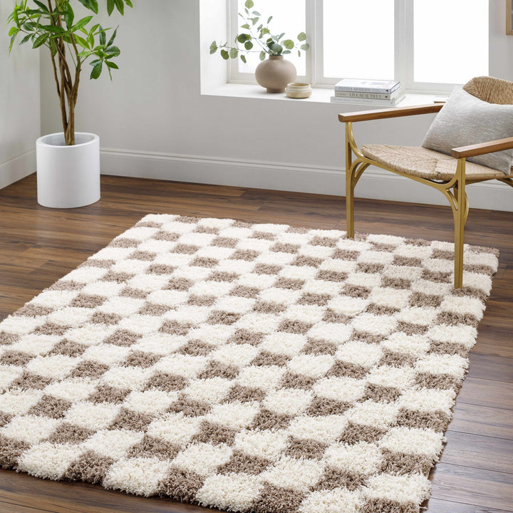 Modern Geometrical Brown and Ivory Checker Board Plush Pile Moroccan Style Area Rug - The Rug Decor