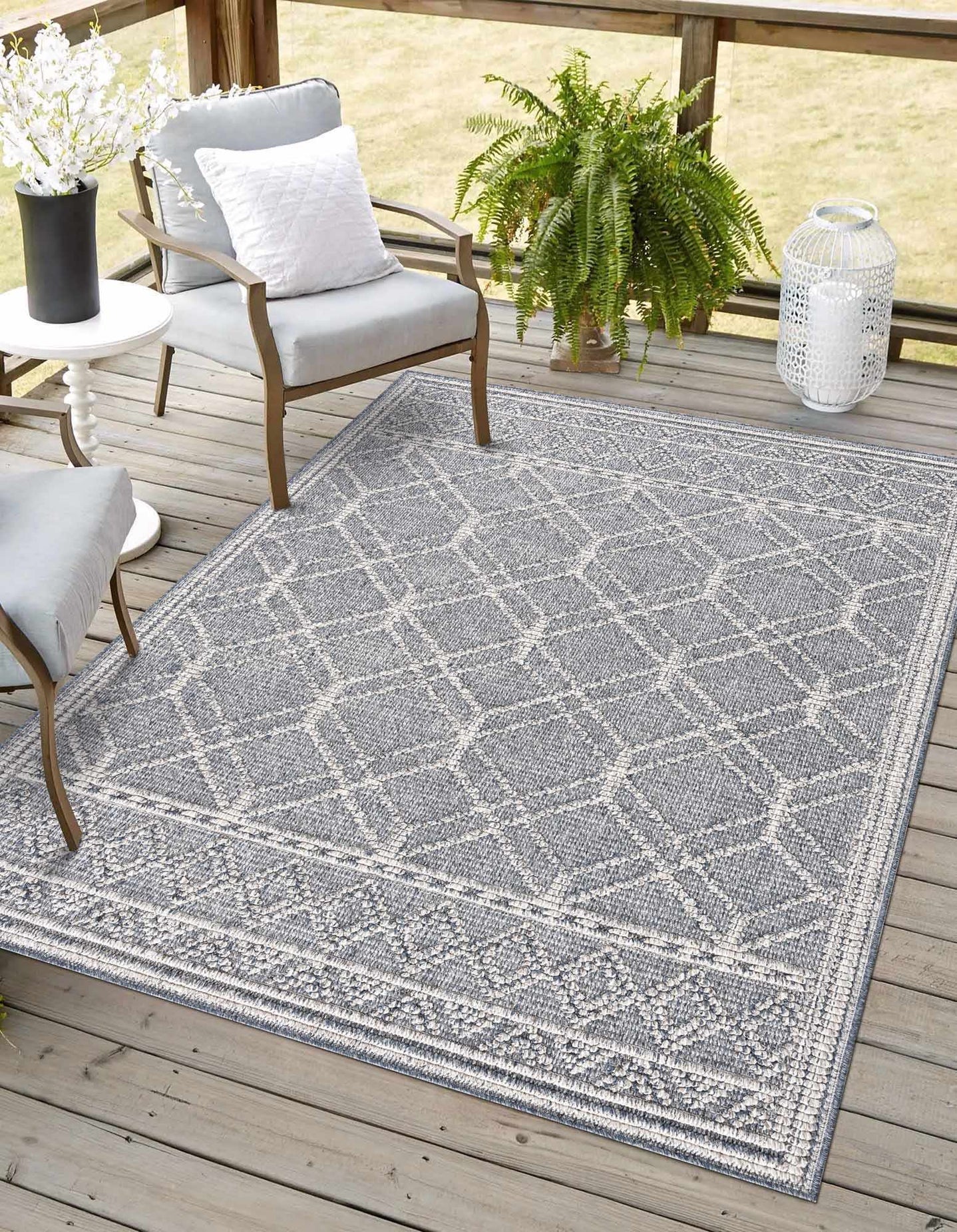 Modern Geometrical Carved Texture Blue and Ivory Outdoor Safe Area Rug - The Rug Decor