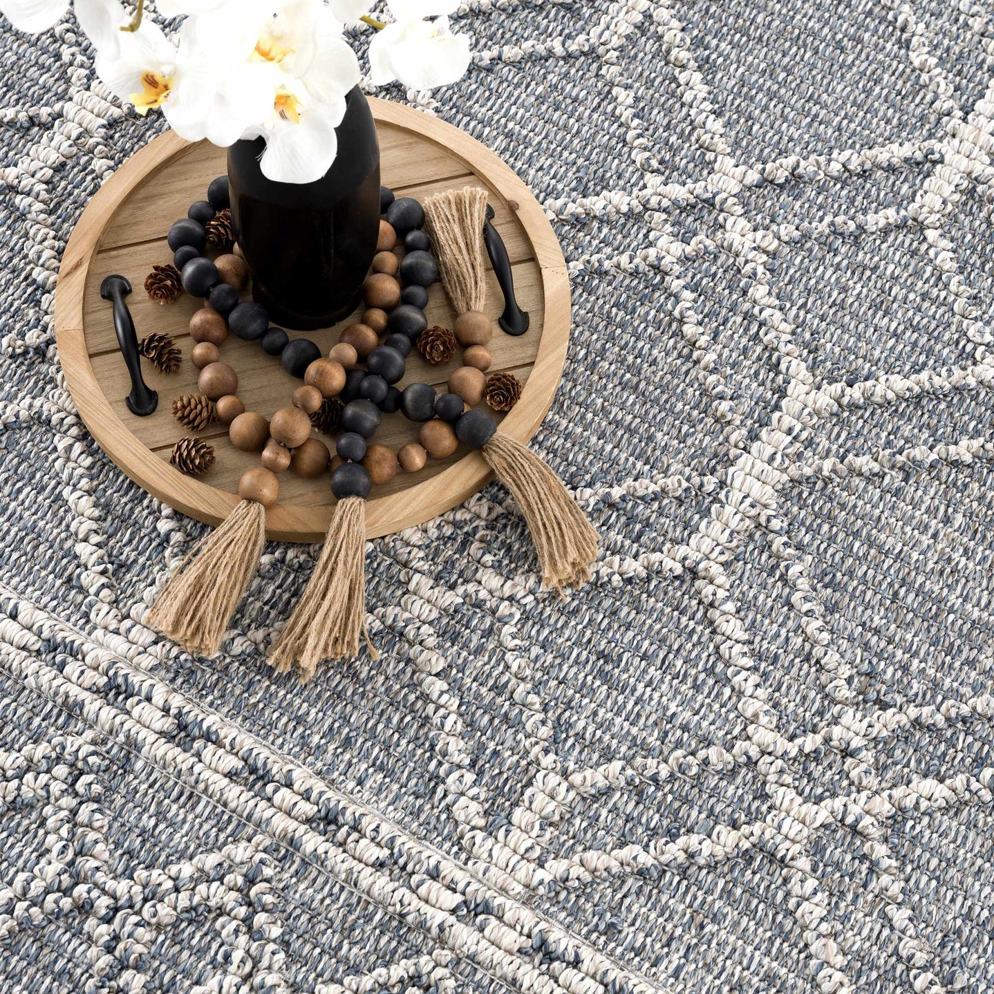 Modern Geometrical Carved Texture Blue and Ivory Outdoor Safe Area Rug - The Rug Decor