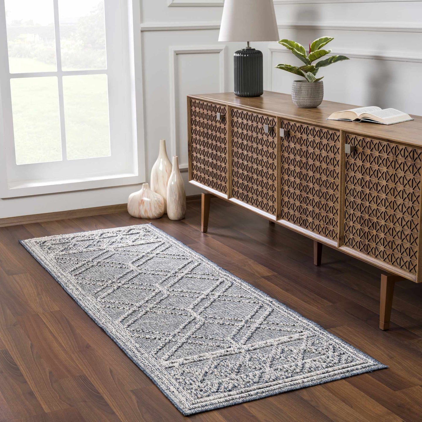 Modern Geometrical Carved Texture Blue and Ivory Outdoor Safe Area Rug - The Rug Decor