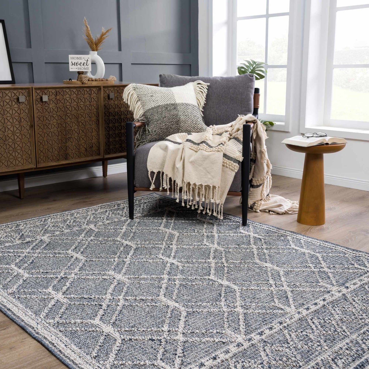 Modern Geometrical Carved Texture Blue and Ivory Outdoor Safe Area Rug - The Rug Decor