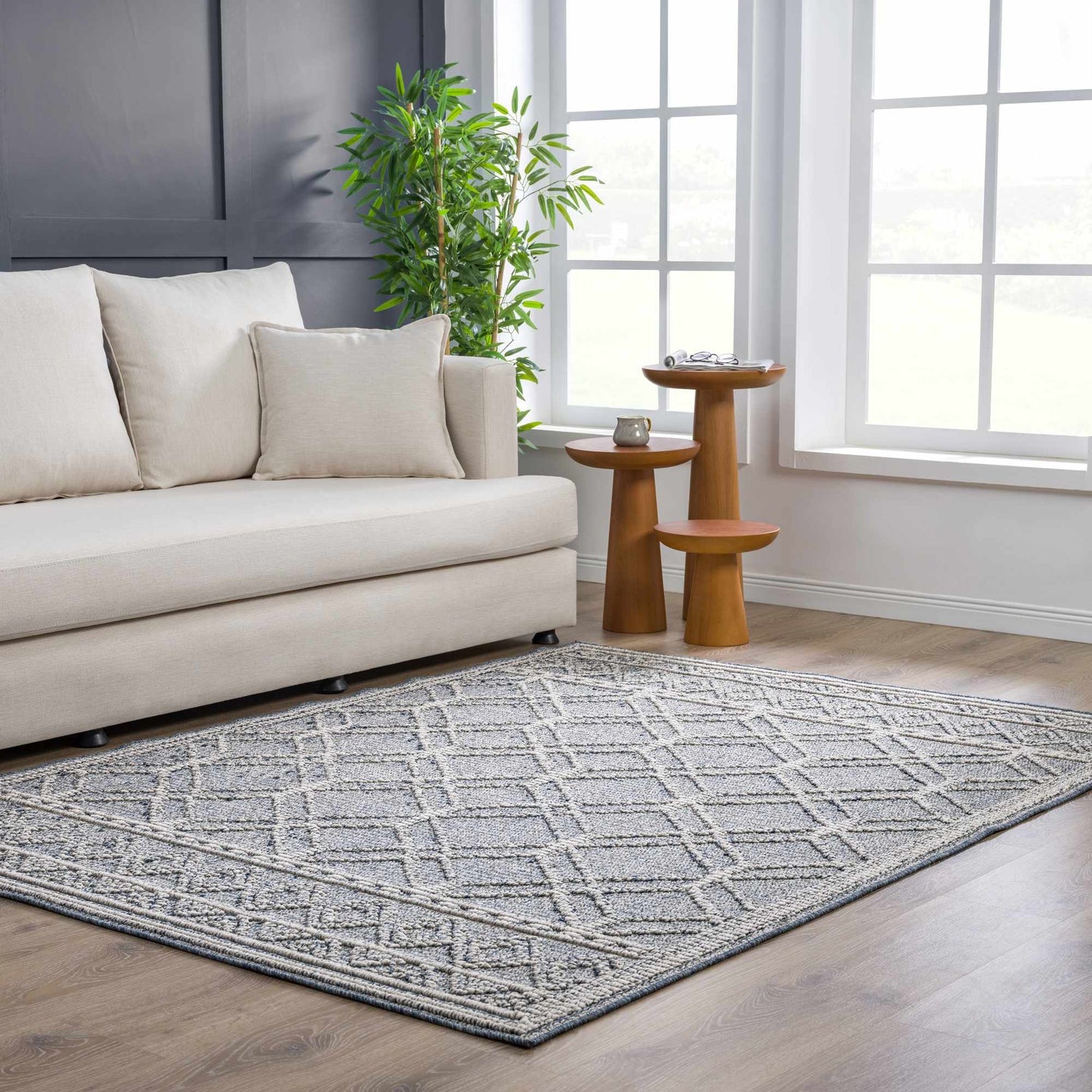 Modern Geometrical Carved Texture Blue and Ivory Outdoor Safe Area Rug - The Rug Decor
