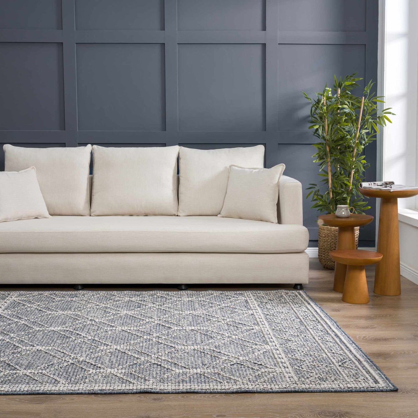 Modern Geometrical Carved Texture Blue and Ivory Outdoor Safe Area Rug - The Rug Decor