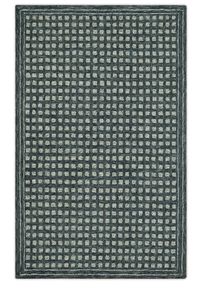 Modern Geometrical Charcoal and Ivory Hand Tufted 5x7.6 wool area rug - The Rug Decor