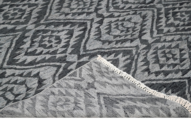 Modern Geometrical Charcoal and Silver Hand Knotted 8.6x11.6 Wool Area Rug - The Rug Decor