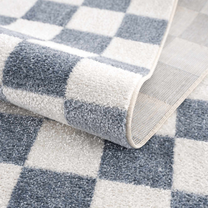 Modern Geometrical Checkered Blue and Ivory Check Board Washable Area Rug - The Rug Decor