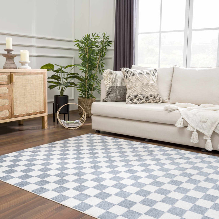Modern Geometrical Checkered Blue and Ivory Check Board Washable Area Rug - The Rug Decor