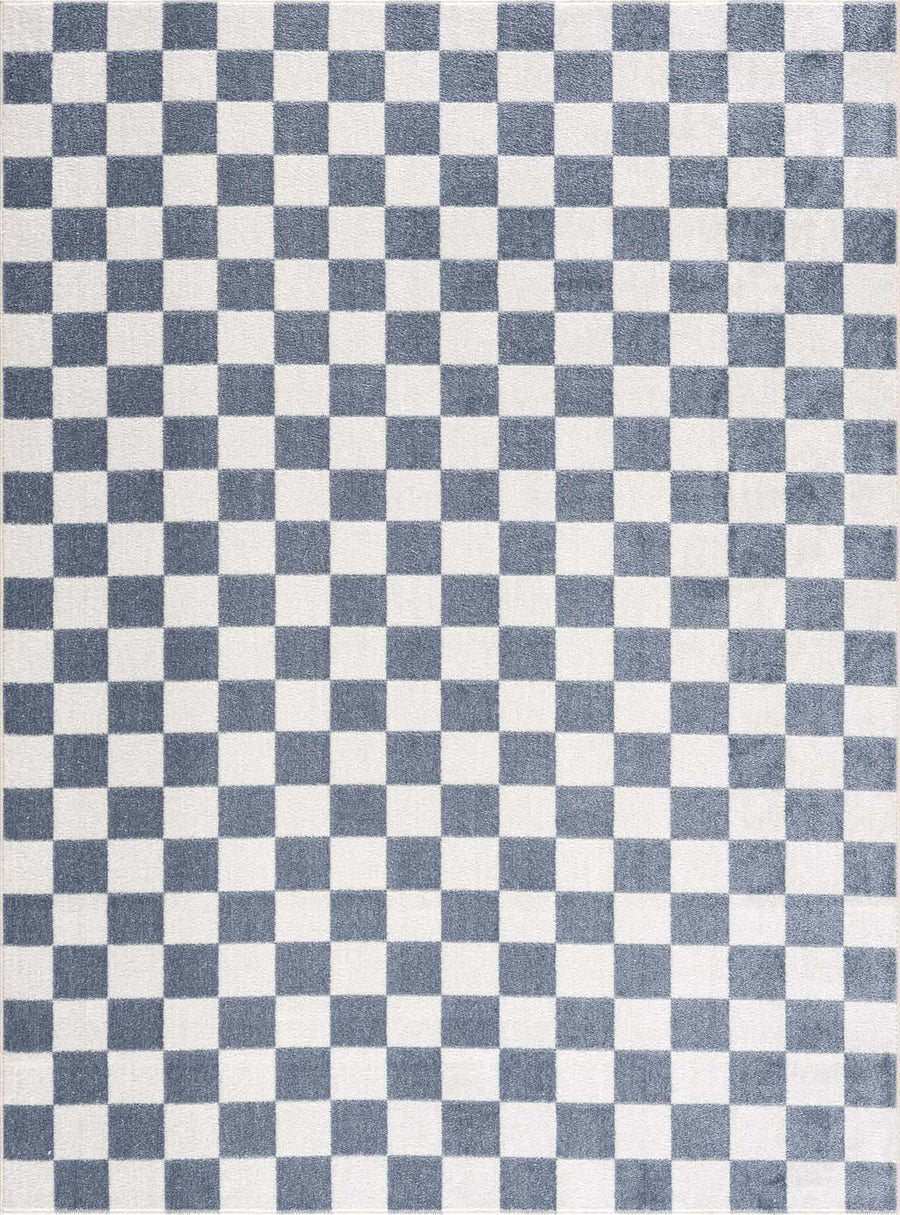 Modern Geometrical Checkered Blue and Ivory Check Board Washable Area Rug - The Rug Decor