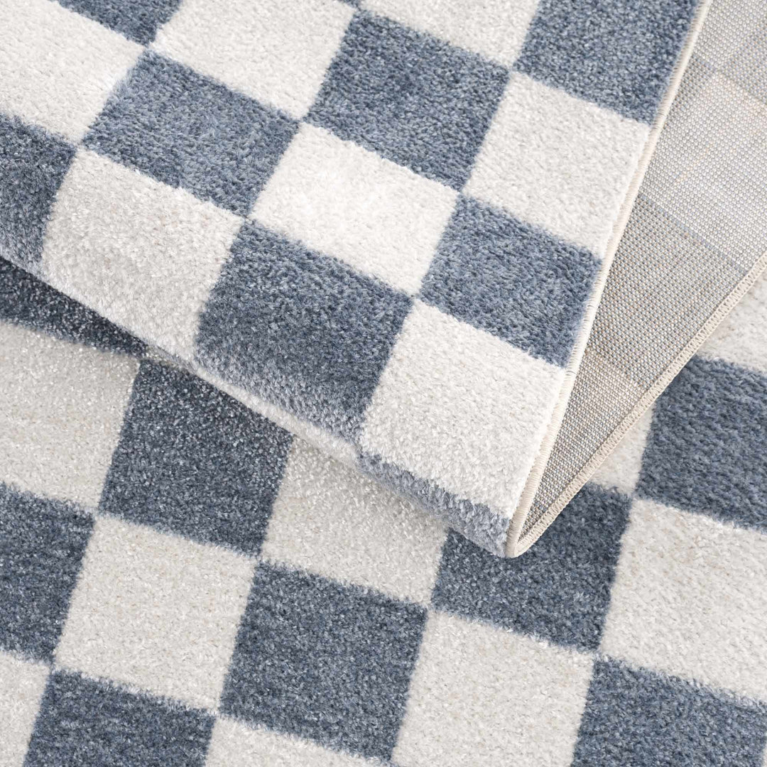 Modern Geometrical Checkered Blue and Ivory Check Board Washable Area Rug - The Rug Decor